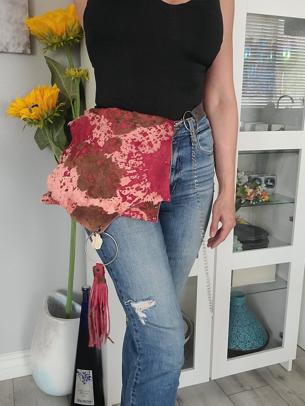 Women's Leather Hair On Waist Bag - Pink Brown Tie-Dye - Picture 3 of 7